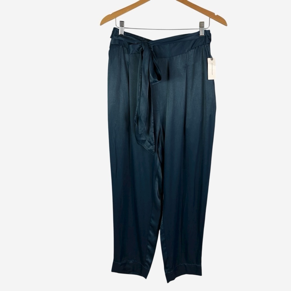 NEW Anthropologie Ett Twa Crop Pants Womens 14 Turquoise Satin Tie Waist - Picture 4 of 15